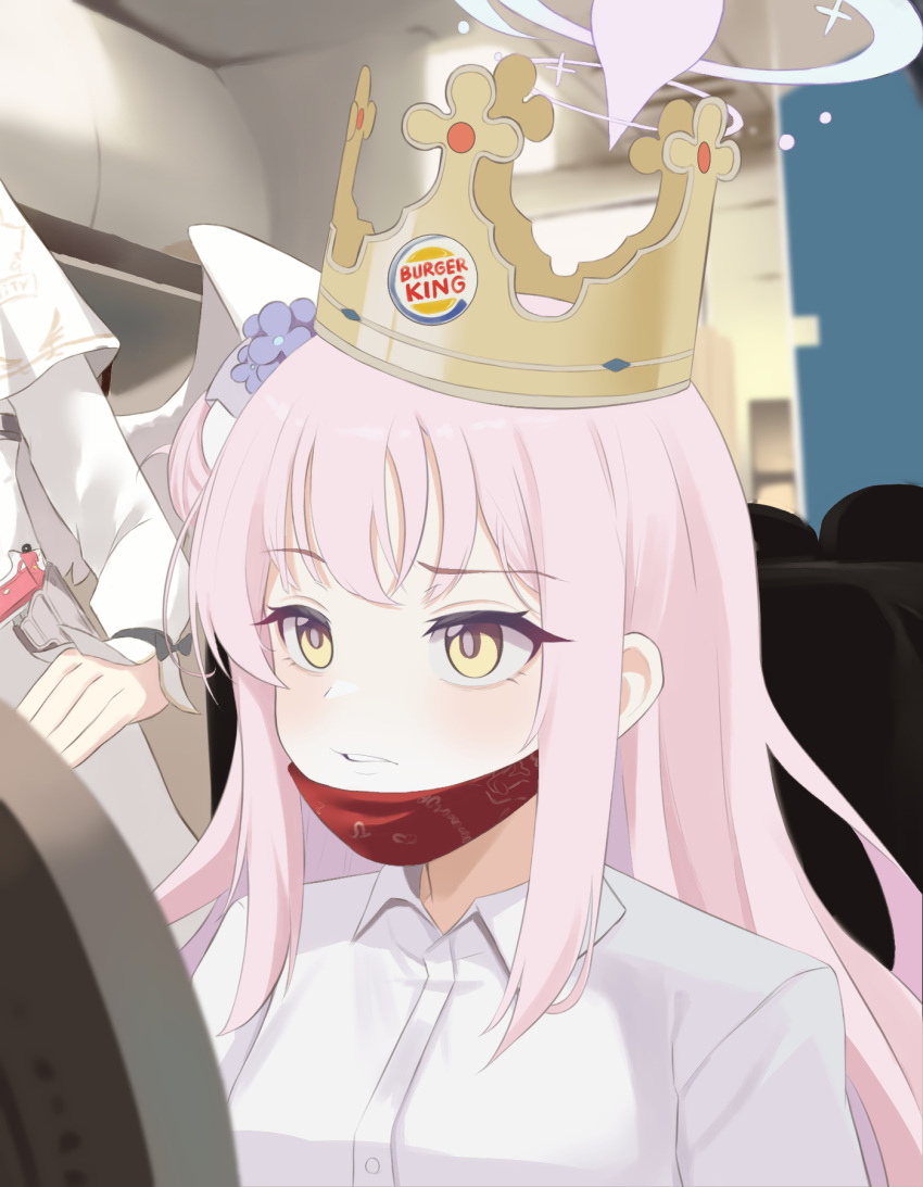 2girls, airplane_interior, blue_archive, blush, burger_king, collared_shirt, dress, flower