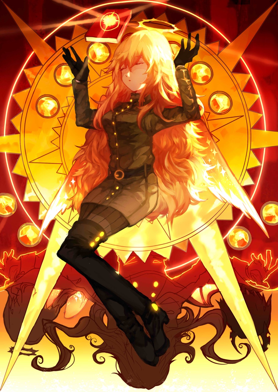 1girl, 2boys, angel, black_gloves, blonde_hair, closed_eyes, closed_mouth, feathered_wings, funamusea, gloves, halo, highres, igls_unth, ivlis_(haiiro_teien), long_hair, military_uniform, multiple_boys, radishcarbon, siralos_(funamusea), uniform, very_long_hair, wings