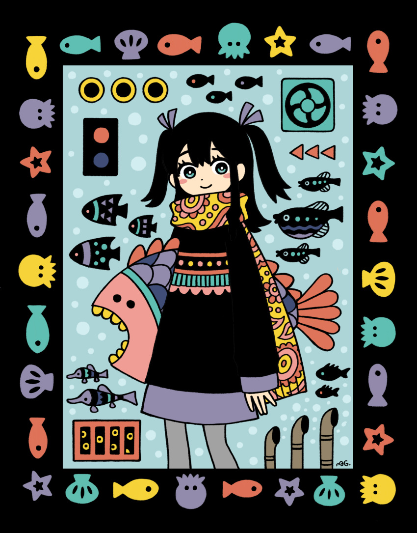 1girl, black_hair, blue_eyes, blush, bright_pupils, clam, feet_out_of_frame, fish
