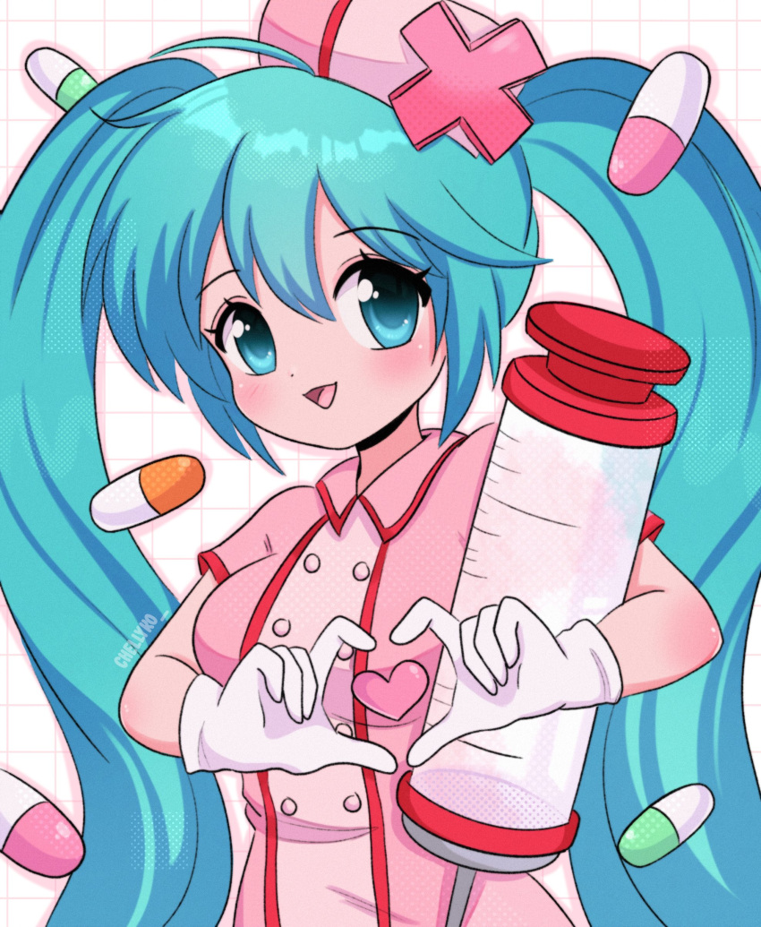 1girl, 2000s_(style), absurdres, blue_eyes, blue_hair, blush, breasts, chelly_(chellyko), dress, gloves, grid, grid_background, hat, hatsune_miku, heart, heart_hands, highres, long_hair, looking_at_viewer, medium_breasts, nurse, nurse_cap, open_mouth, pill, pink_background, pink_dress, pink_headwear, retro_artstyle, short_sleeves, smile, solo, standing, syringe, twintails, vocaloid, white_gloves