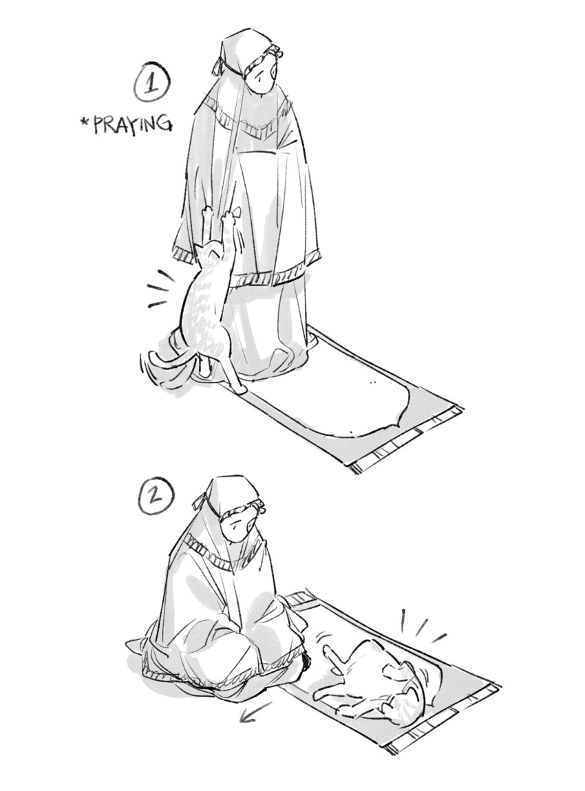 1girl, 1other, arrow_(symbol), carpet, cat, dress, english_text, gown