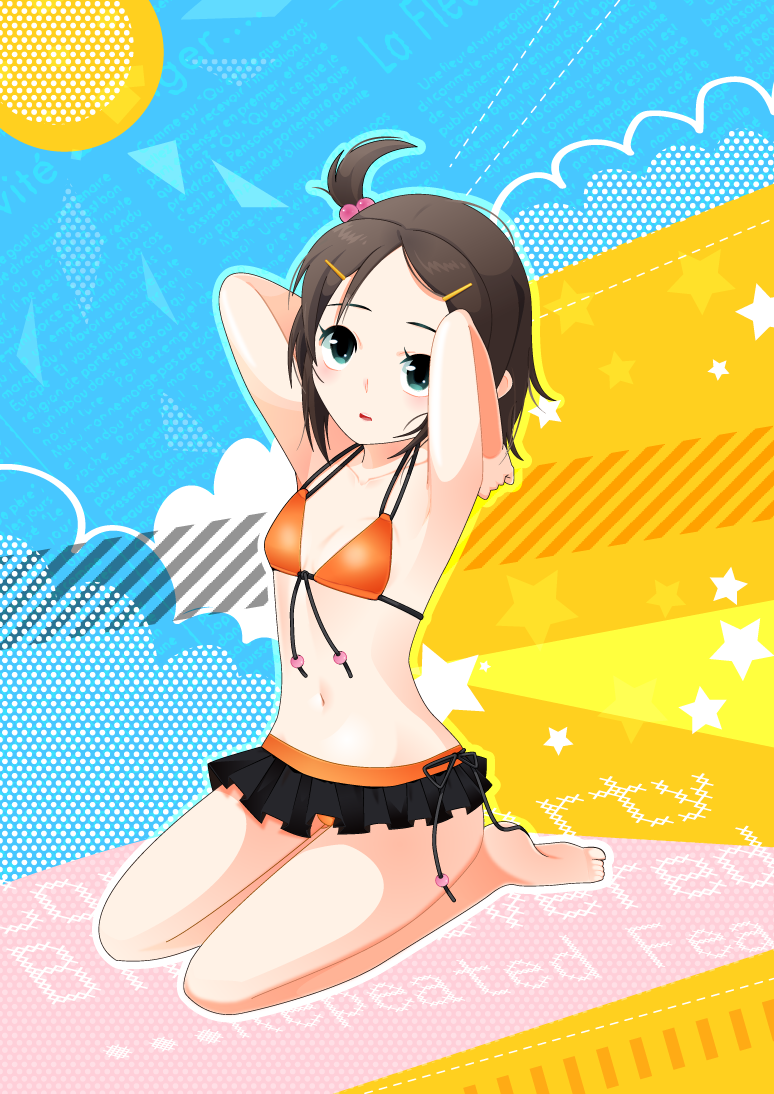 arms_up, bad_id, barefoot, bikini, brown_hair, corpse_party, feet, flat_chest