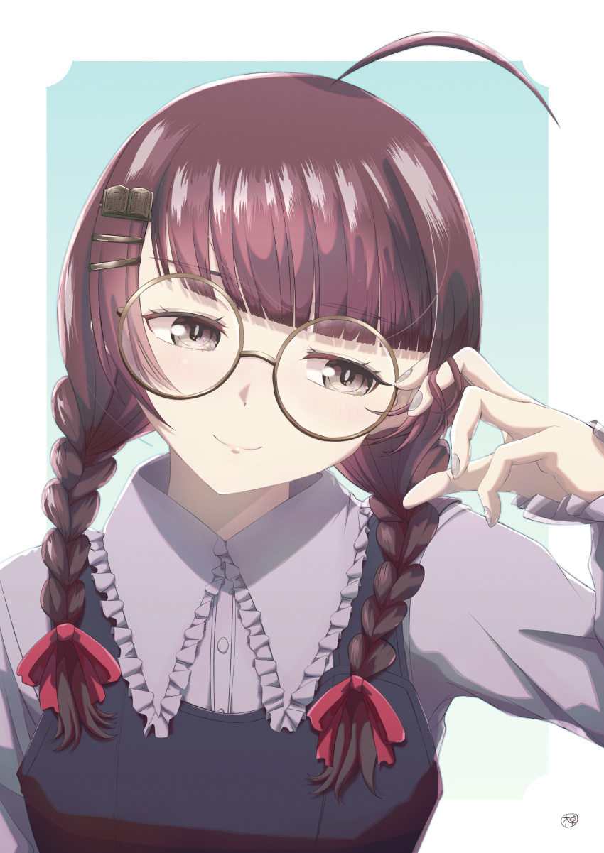 1girl, absurdres, ahoge, blunt_bangs, book_hair_ornament, braid, brown_eyes, brown_hair