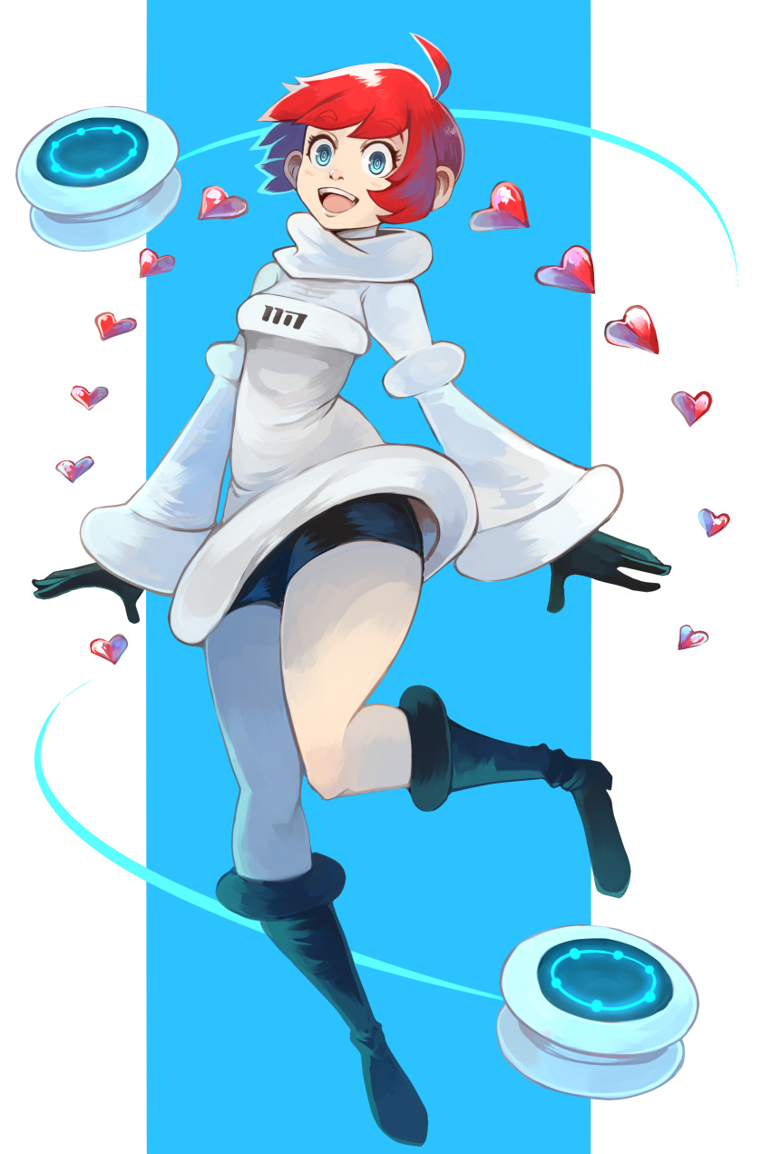 1girl, absurdres, ahoge, black_footwear, black_gloves, black_shorts, blue_eyes, eyelashes