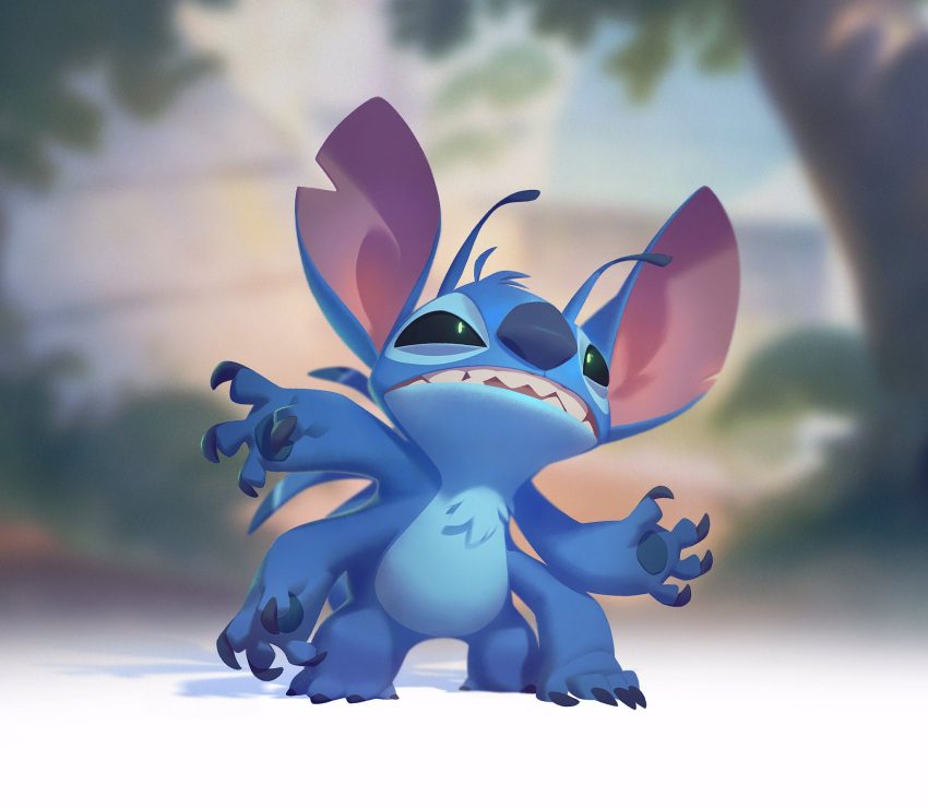 antennae, blue_fur, blurry, blurry_background, depth_of_field, experiment_(lilo_and_stitch), extra_arms, highres, lilo_&amp;_stitch, looking_up, nicholas_kole, no_humans, open_mouth, solo, stitch_(lilo_&amp;_stitch), teeth
