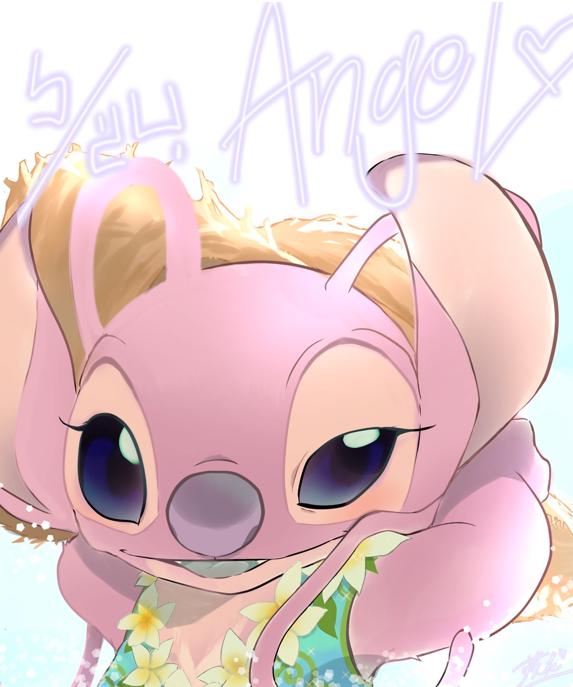 angel_(lilo_&amp;_stitch), character_name, experiment_(lilo_and_stitch), flower, flower_necklace, highres, lei, lilo_&amp;_stitch