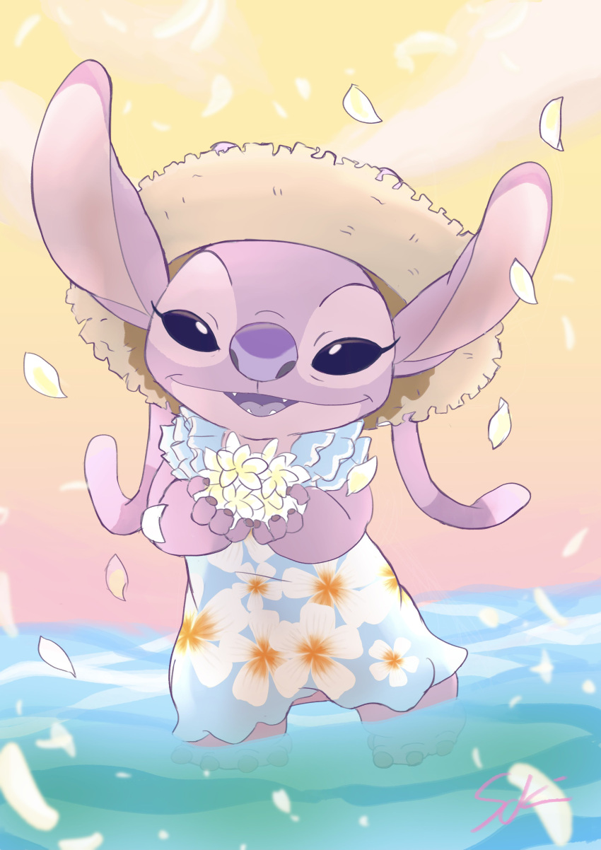 absurdres, angel_(lilo_&amp;_stitch), antennae, dress, experiment_(lilo_and_stitch), floral_print, flower, hat, highres, holding, holding_flower, lilo_&amp;_stitch, looking_at_viewer, m_ssk626, no_humans, partially_submerged, petals, pink_fur, print_dress, signature, solo, straw_hat, water, white_flower