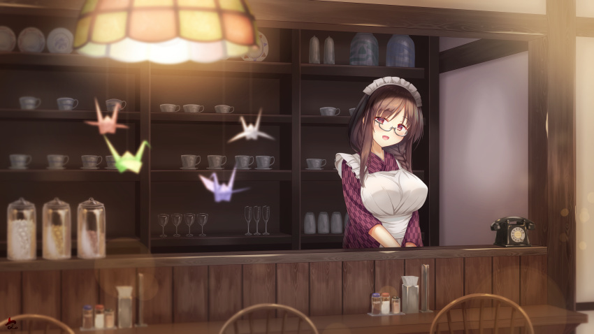 1girl, absurdres, amatsutsumi, apron, black_hair, blush, breasts, cafe