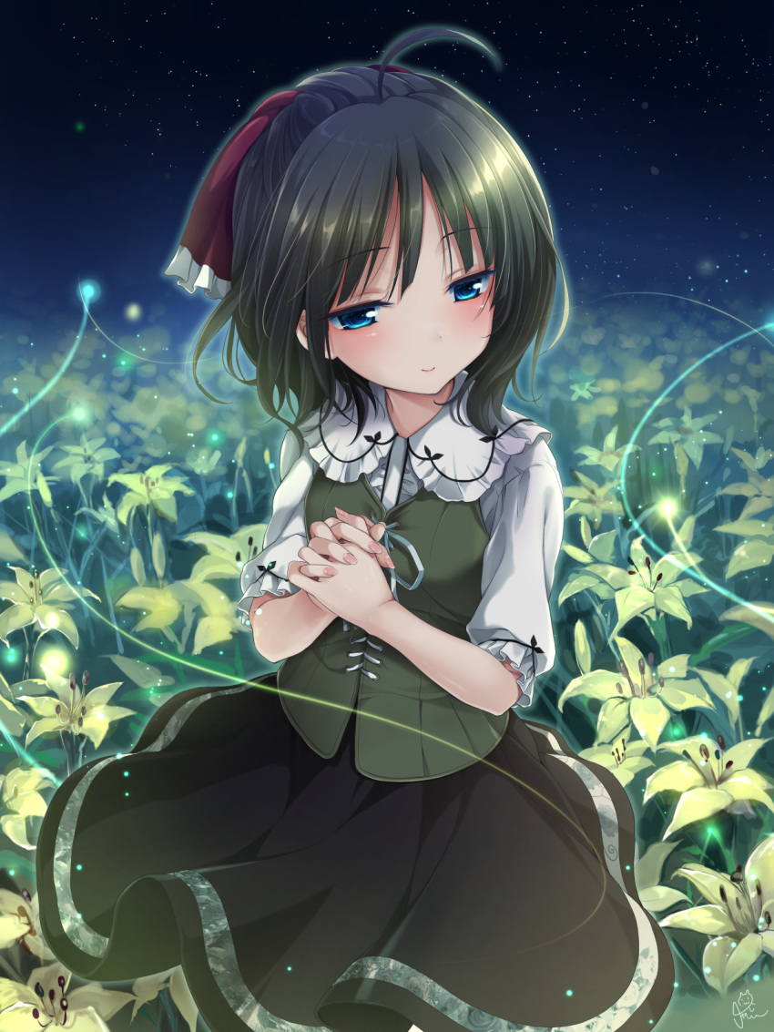 1girl, ahoge, amatsutsumi, black_hair, black_skirt, blue_eyes, blush, breasts, bug, chaamii, closed_mouth, darkness, field, firefly, flower, flower_field, frilled_shirt, frills, green_vest, hand_up, highres, medium_hair, minazuki_hotaru_(amatsutsumi), own_hands_together, shirt, signature, sitting, skirt, small_breasts, solo, vest, white_shirt, wisp