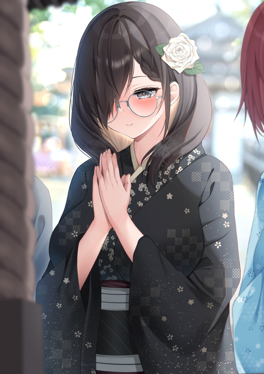 1other, 2girls, absurdres, black_hair, black_kimono, blush, breasts, closed_mouth