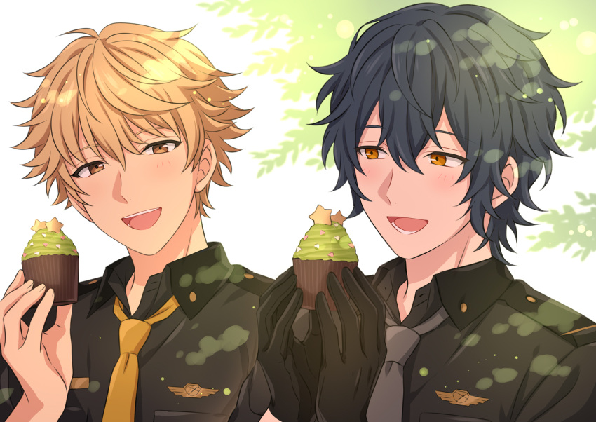 2boys, :d, black_gloves, black_hair, blonde_hair, collared_shirt, commentary_request, cupcake