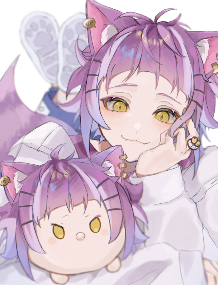 1boy, :3, animal_ears, aroha252538, cat_boy, cat_ears, cat_tail, character_doll, che'nya, closed_mouth, ear_piercing, expressionless, hair_ornament, hairpin, head_rest, highres, light_purple_hair, long_sleeves, male_focus, multicolored_hair, piercing, purple_hair, solo, sweater, tail, twisted_wonderland, white_background, white_sweater, yellow_eyes