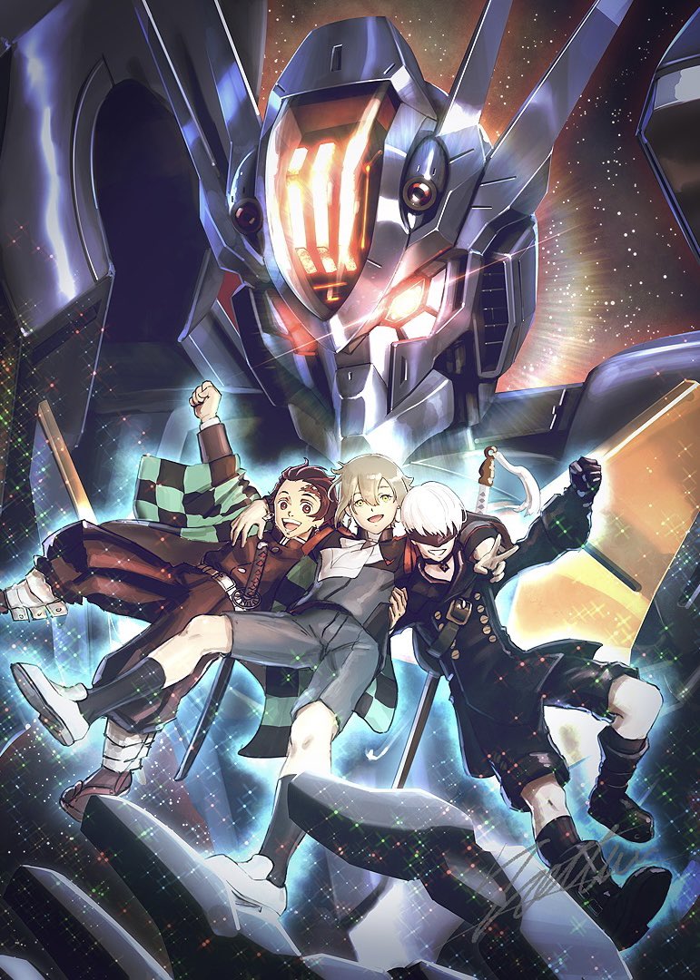 3boys, arm_up, asticassia_school_uniform, black_gloves, black_shorts, boots, demon_slayer_uniform, elan_ceres