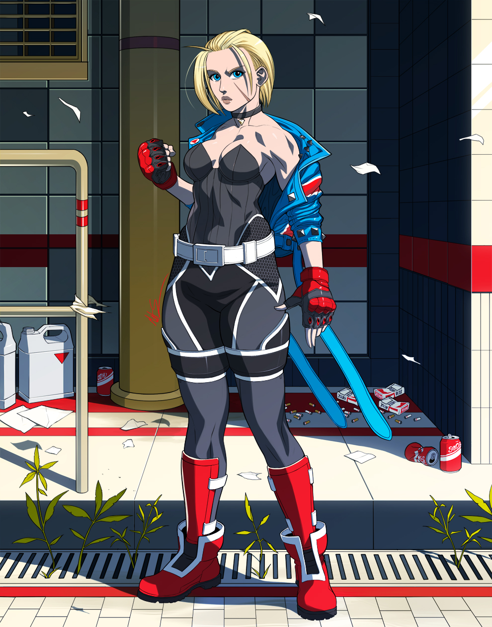 1girl, adapted_costume, ankle_boots, armored_gloves, belt, black_bodysuit, black_choker, black_gloves