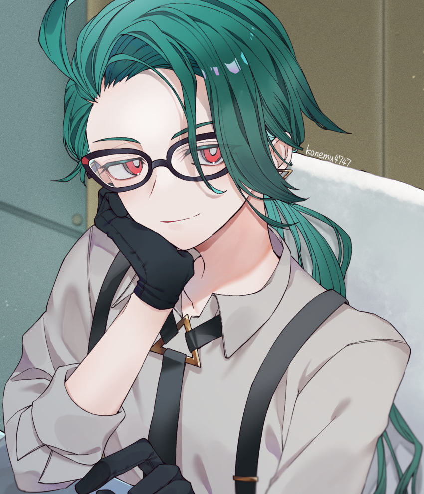 1girl, asymmetrical_bangs, bespectacled, black-framed_eyewear, black_gloves, black_necktie, bright_pupils, closed_mouth