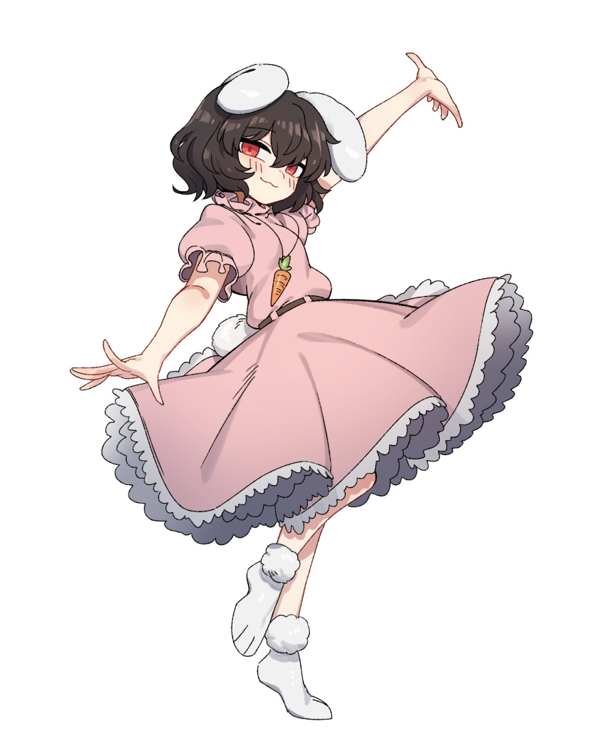 1girl, animal_ears, black_hair, blush, carrot_necklace, closed_mouth, dress, frilled_dress