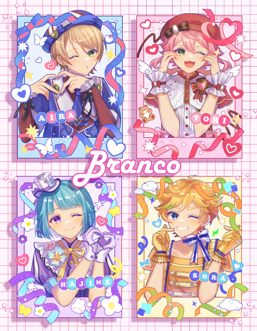 4boys, absurdres, androgynous, blonde_hair, blue_background, blue_border, blue_eyes, blue_hair