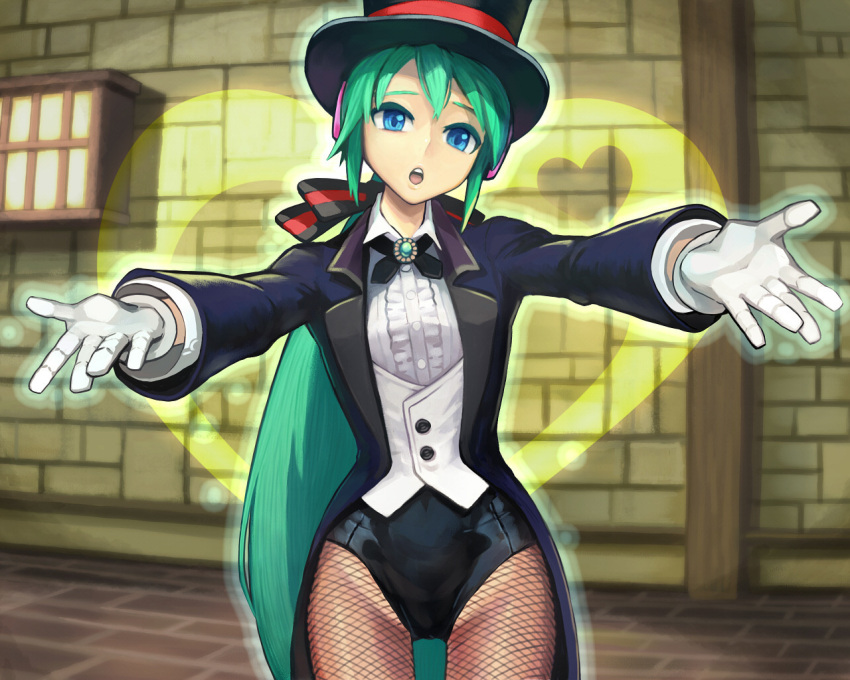 aqua_eyes, aqua_hair, bad_id, fishnet_pantyhose, fishnets, gloves, hands, hat, hatsune_miku, jacket, leotard, long_hair, magician, miracle_paint_(vocaloid), outstretched_arms, pantyhose, ponytail, project_diva, project_diva_(series), ryman, solo, spread_arms, top_hat, very_long_hair, vocaloid