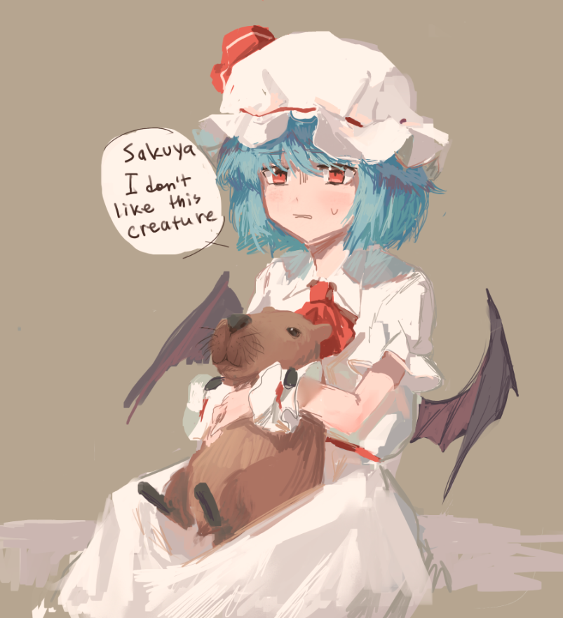 1girl, animal, ascot, bat_wings, black_eyes, blue_hair, blush, bow