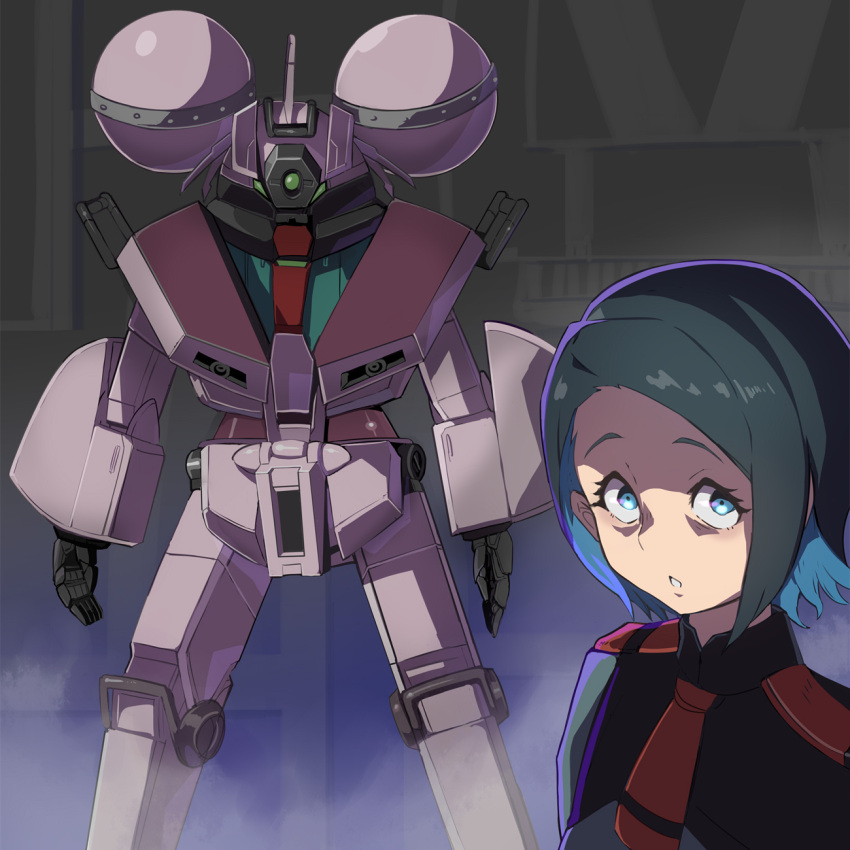 blue_eyes, blue_hair, chuatury_panlunch, colored_inner_hair, demi_trainer, edward_confronts_shou_tucker_(scene), fullmetal_alchemist, fusion, green_jacket, gundam, gundam_suisei_no_majo, highres, jacket, looking_at_viewer, mecha, mobile_suit, multicolored_hair, necktie, nika_nanaura, open_hands, parted_lips, red_necktie, robot, science_fiction, short_hair, syope, wide-eyed