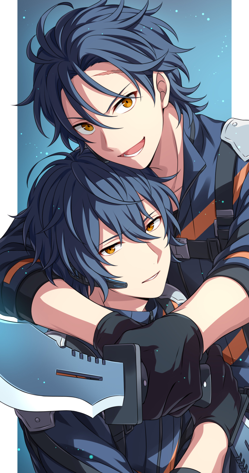 2boys, absurdres, black_gloves, blue_hair, character_request, commentary_request, gloves, gray_reverse
