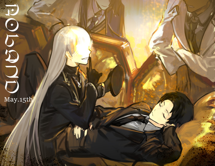 1girl, 3boys, angelica_(library_of_ruina), astolfo_(project_moon), black_gloves, black_hair, black_jacket, black_shirt