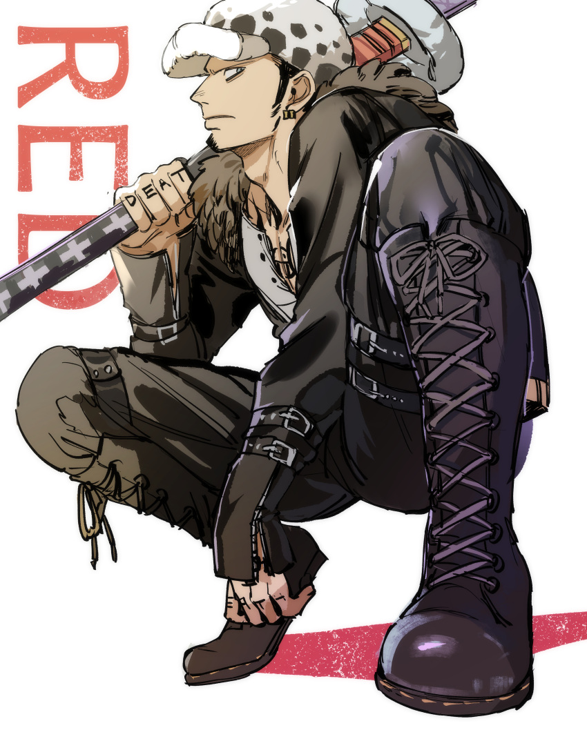 1boy, absurdres, arm_strap, bags_under_eyes, black_footwear, black_hair, black_jacket, boots, closed_mouth, cross-laced_footwear, earrings, facial_hair, from_side, fur-trimmed_jacket, fur_hat, fur_trim, hand_tattoo, hat, highres, holding, holding_sheath, holding_sword, holding_weapon, jacket, jewelry, lace-up_boots, long_sleeves, male_focus, official_alternate_costume, one_piece, one_piece_film:_red, santa65, sheath, simple_background, solo, squatting, sword, tattoo, thigh_strap, trafalgar_law, weapon