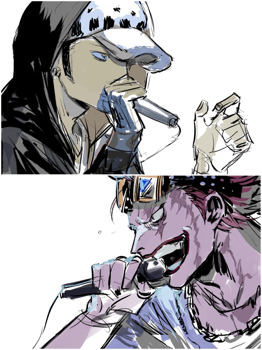 2boys, absurdres, bags_under_eyes, black_hair, borderless_panels, chain_necklace, eustass_kid, fur_hat