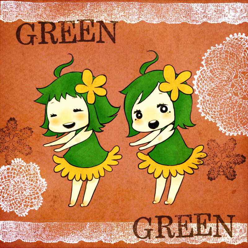 alternate_costume, chibi, green_green_euglena_(vocaloid), green_hair, gumi, sonika, vocaloid