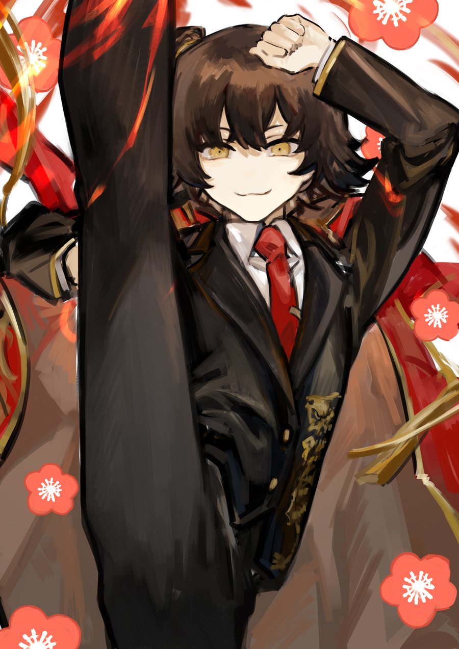 1girl, :3, black_pants, brown_hair, closed_mouth, coat, coat_on_shoulders, collared_shirt