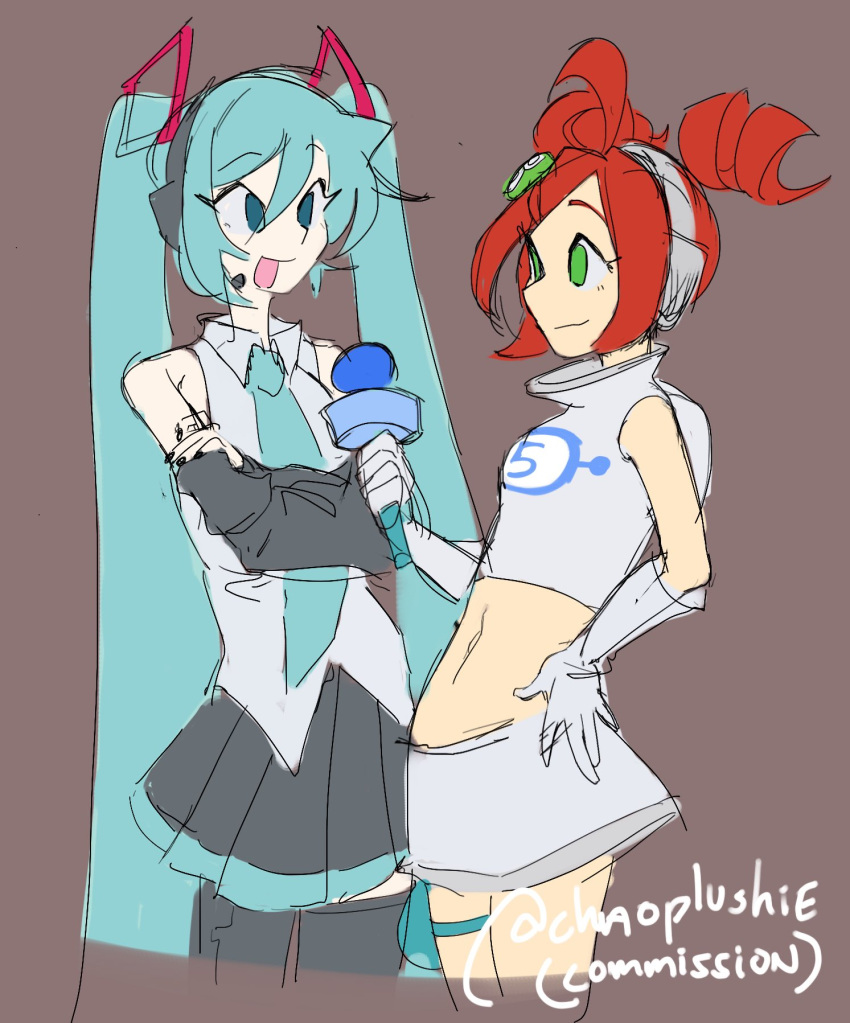 2girls, andou_ringo, aqua_hair, artist_name, black_nails, black_skirt, black_sleeves, chaoplushie