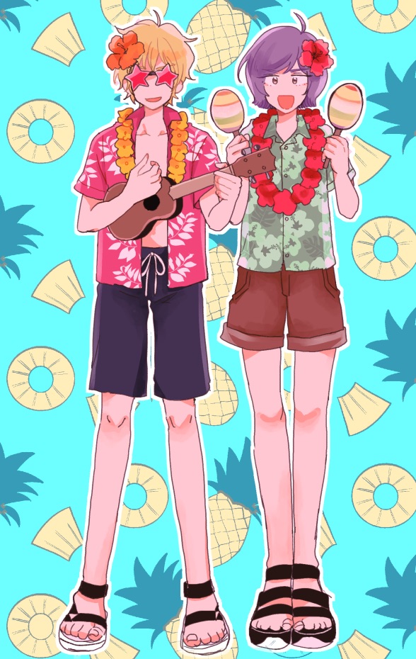 2boys, :d, alternate_costume, black_pants, blonde_hair, blue_background, brown_eyes, brown_shorts