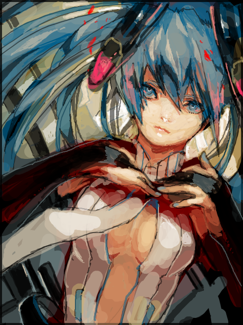 1girl, aqua_nails, blue_hair, bridal_gauntlets, frown, hatsune_miku, hatsune_miku_(append), long_hair