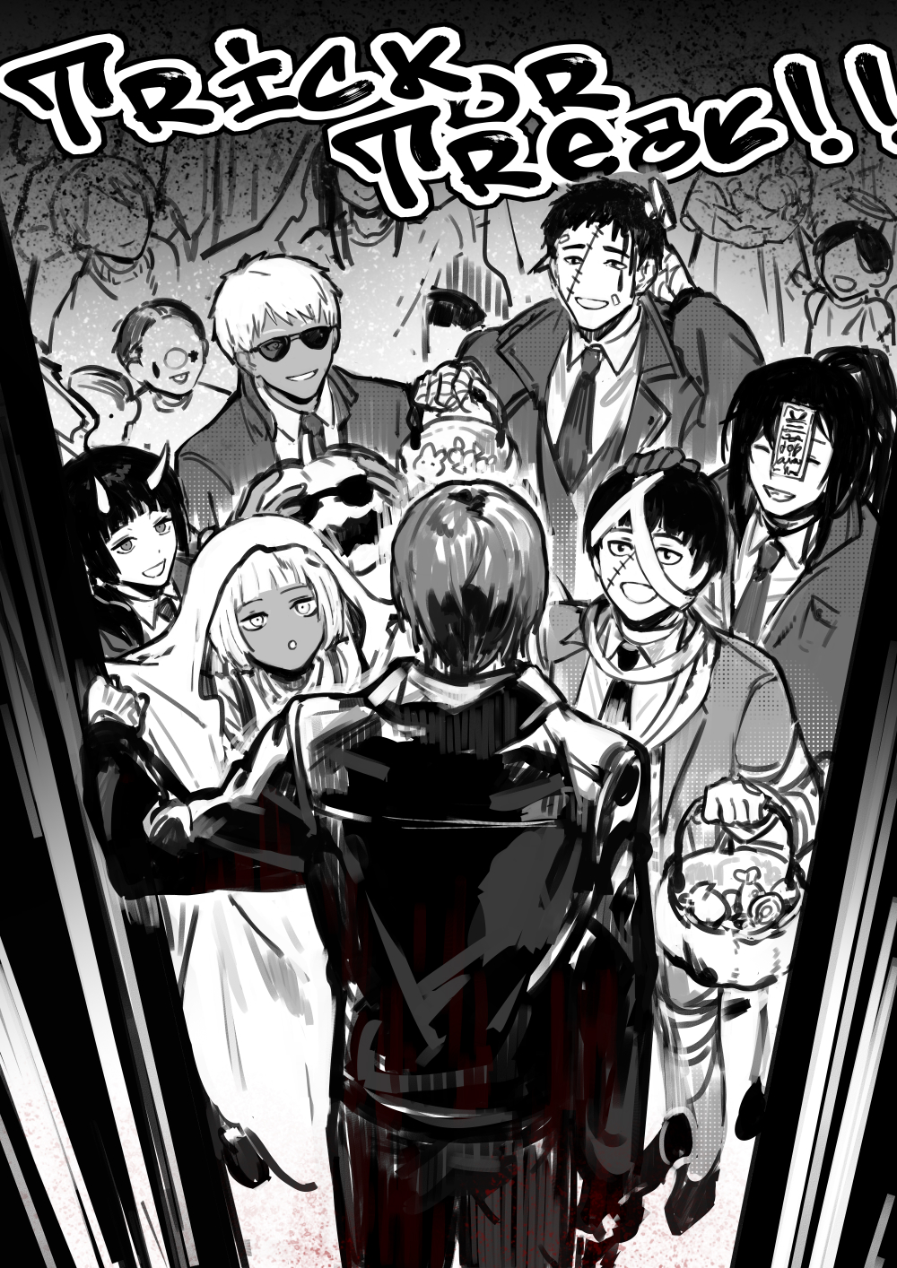 bandages, character_request, collared_shirt, fake_halo, fake_horns, fake_scar, garnet_(project_moon), ghost_costume