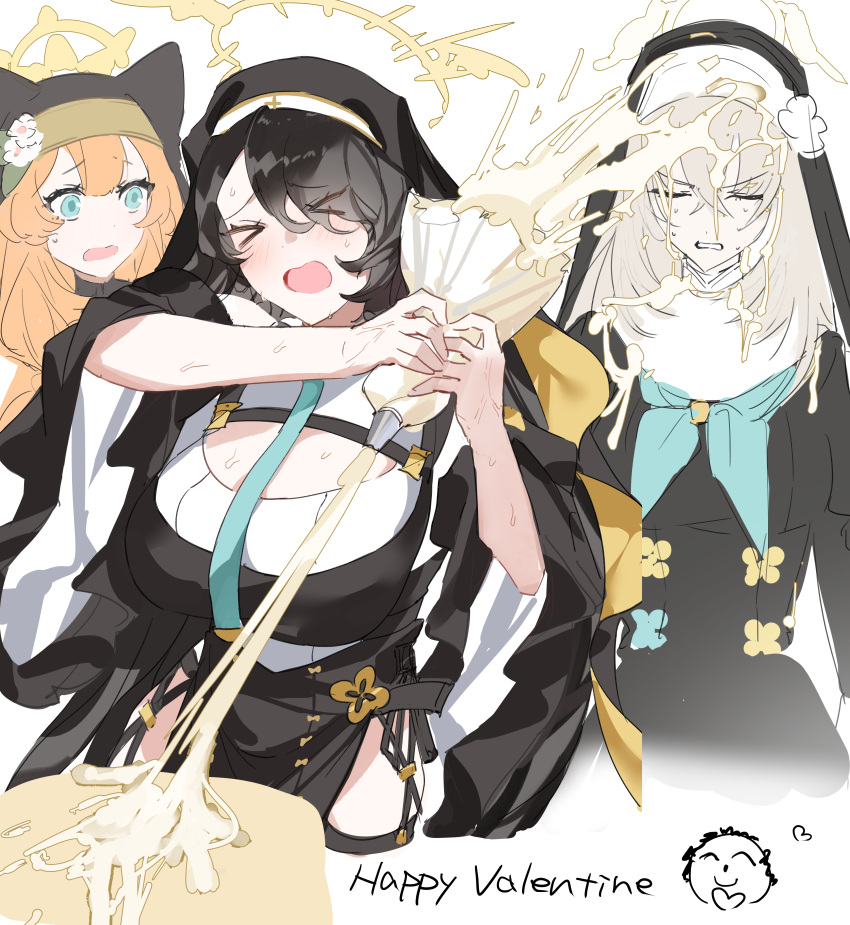 >_<, 3girls, absurdres, arona's_sensei_doodle_(blue_archive), bare_shoulders, black_dress, blue_archive, blue_eyes