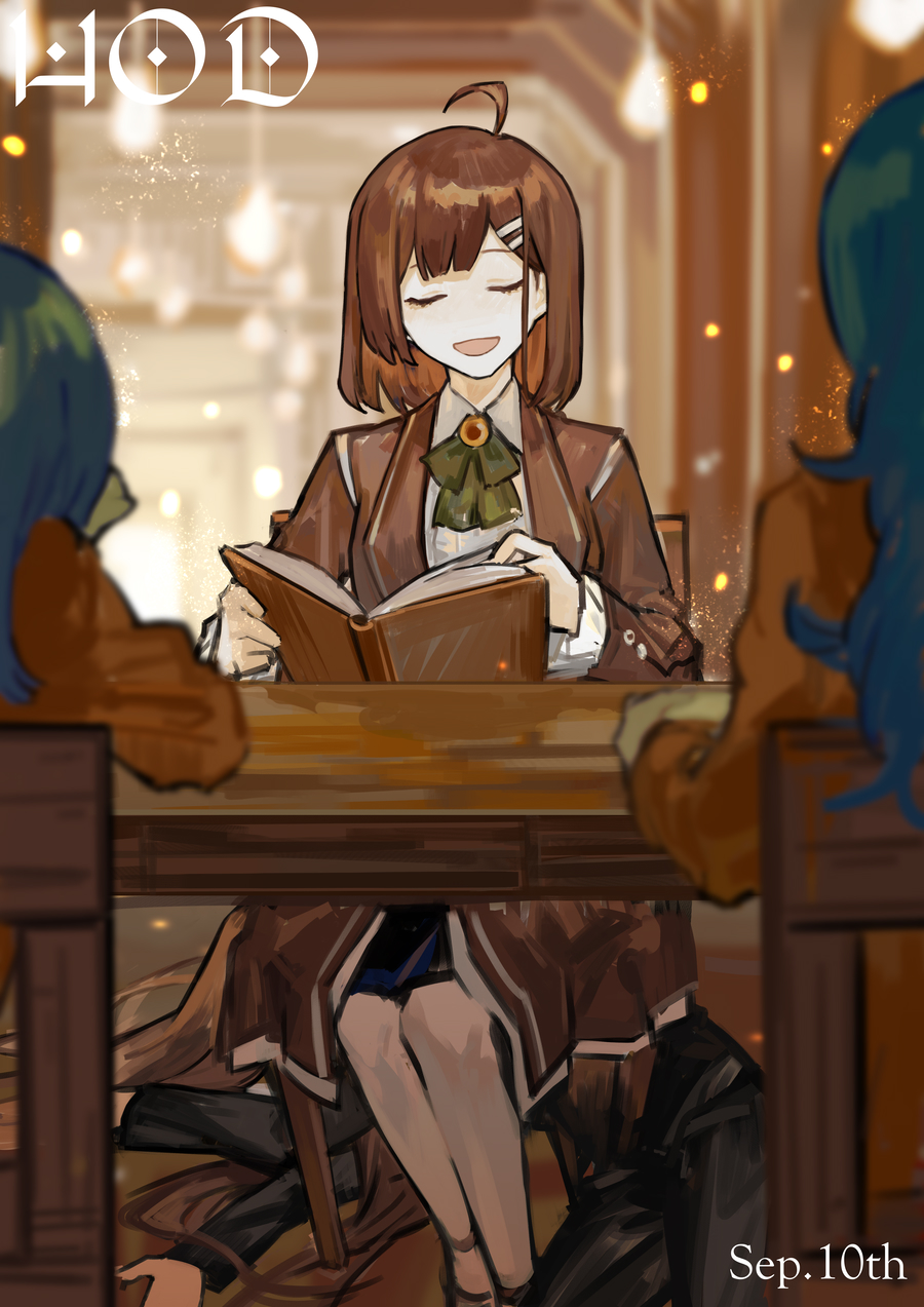 2girls, 2others, ahoge, blue_hair, book, bow, bowtie, brown_coat