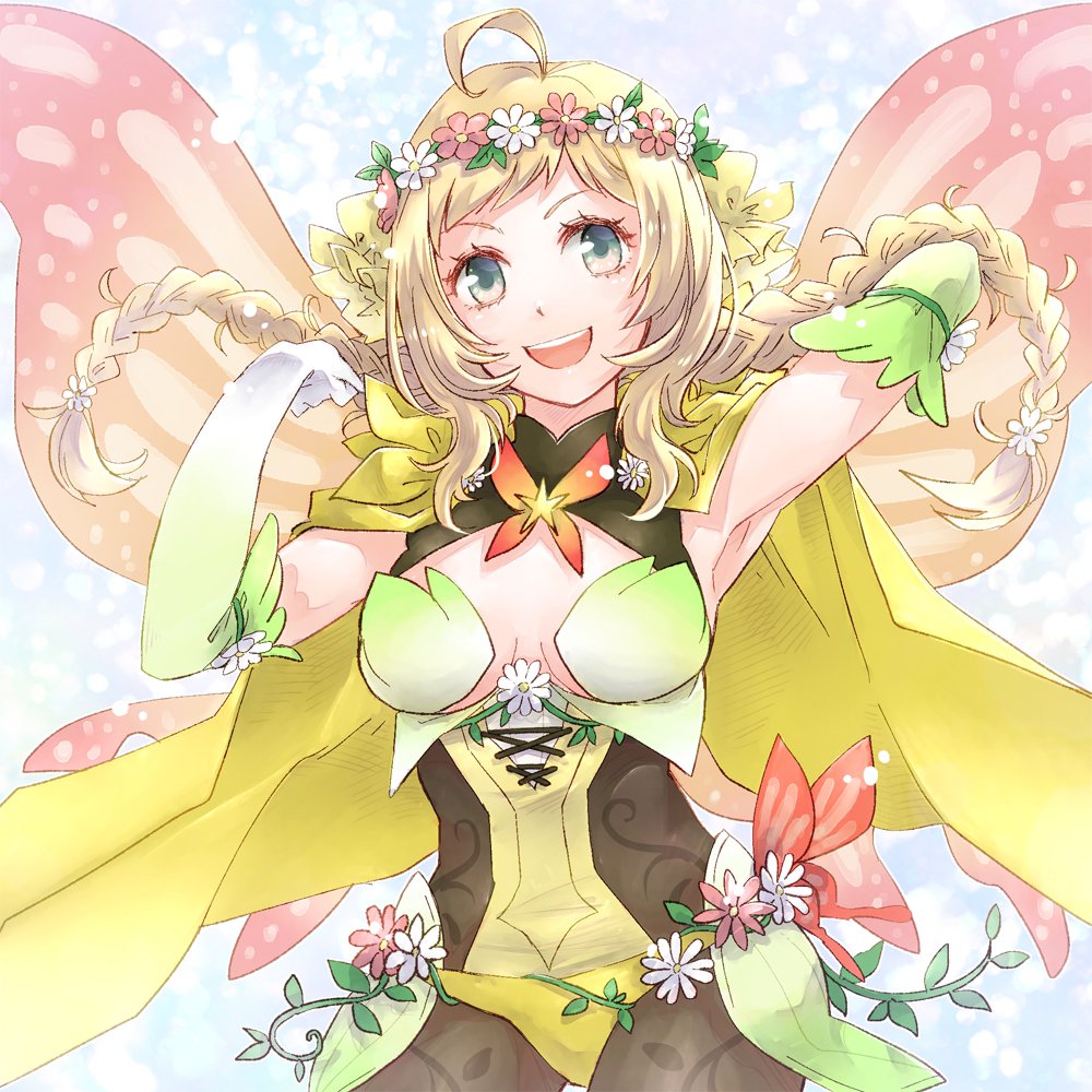 1girl, ahoge, alternate_hairstyle, armpits, blonde_hair, braid, breasts, cape