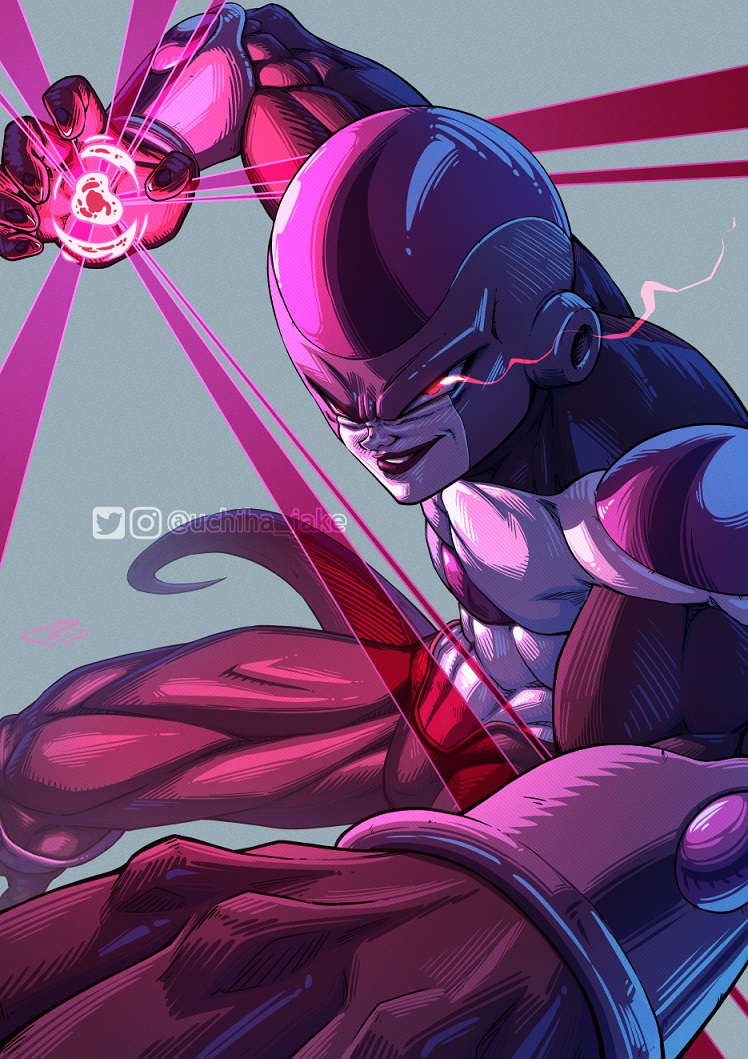 1boy, arm_up, artist_name, biceps, black_frieza, black_lips, bracer, colored_skin