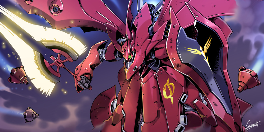 absurdres, arm_shield, char's_counterattack, char's_counterattack_-_beltorchika's_children, cosmo-5, energy_sword, funnels_(gundam), glowing