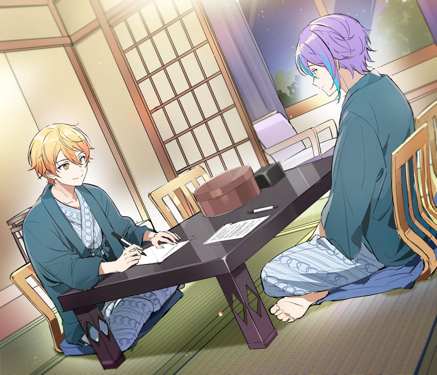 2boys, aqua_hair, barefoot, blonde_hair, chair, closed_mouth, commentary_request, crossed_legs
