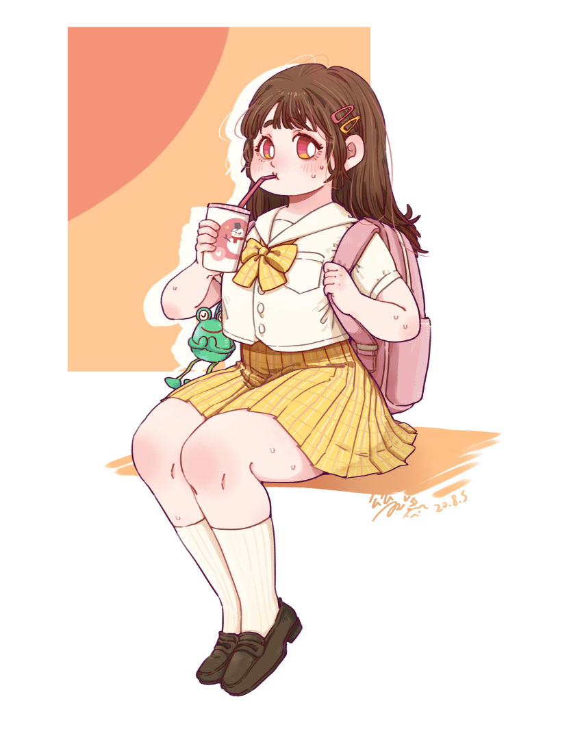 1girl, absurdres, artist_name, backpack, bag, bag_charm, blush, bow, bowtie, breast_pocket, bright_pupils, brown_footwear, brown_hair, buttons, charm_(object), cup, dated, disposable_cup, drink, drinking_straw, drinking_straw_in_mouth, frog_charm, full_body, hair_ornament, hairclip, hands_up, highres, holding, holding_cup, holding_drink, holding_strap, hua_hua_de_meme, loafers, long_hair, looking_at_viewer, miniskirt, necktie, orange_background, orange_eyes, original, pink_bag, plaid, plaid_bow, plaid_bowtie, plaid_skirt, pleated_skirt, plump, pocket, print_cup, sailor_collar, school_uniform, serafuku, shoes, short_sleeves, signature, sitting, skirt, snowman_print, socks, solo, striped, striped_socks, sweatdrop, two-tone_background, vertical-striped_socks, vertical_stripes, white_background, white_pupils, white_sailor_collar, white_serafuku, white_socks, yellow_necktie, yellow_skirt
