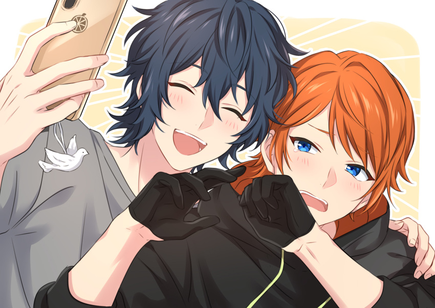 2boys, billy_wise, bird, black_gloves, black_hair, blue_eyes, blush, clenched_hand