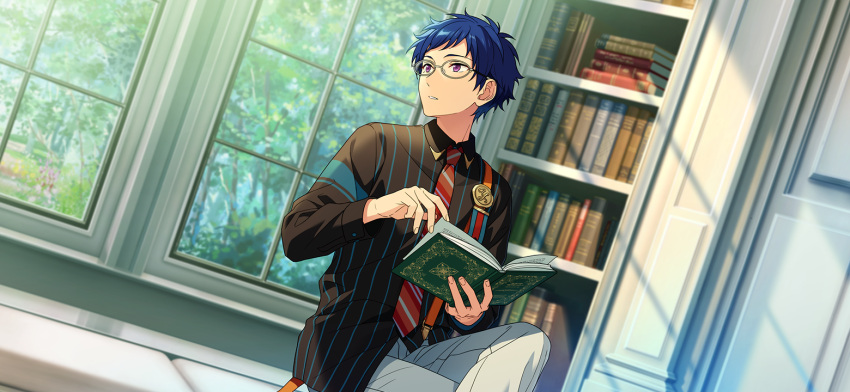 1boy, bespectacled, blue_hair, book, bookshelf, collared_shirt, crossed_legs, dark_blue_hair, diagonal-striped_necktie, ensemble_stars!, fingernails, fushimi_yuzuru, glasses, happy_elements, indoors, keito_lecture_(ensemble_stars!), long_sleeves, looking_to_the_side, male_focus, medallion, official_art, open_book, pants, parted_lips, shirt, short_bangs, short_hair, sitting, solo, suspenders, third-party_source, tree, violet_eyes, white_pants, window