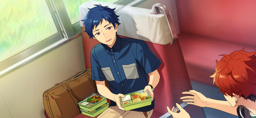 2boys, amagi_hiiro, bag, blue_hair, brown_bag, buttons, collared_shirt, cowboy_shot, dark_blue_hair, earrings, ensemble_stars!, fingernails, food, fushimi_yuzuru, grass, happy_elements, holding_bento, hoop_earrings, indoors, jewelry, keito_lecture_(ensemble_stars!), looking_to_the_side, male_focus, mole, mole_under_eye, multiple_boys, official_art, open_clothes, shirt, short_bangs, short_hair, short_sleeves, sitting, third-party_source, undercut, violet_eyes, watch, watch, window