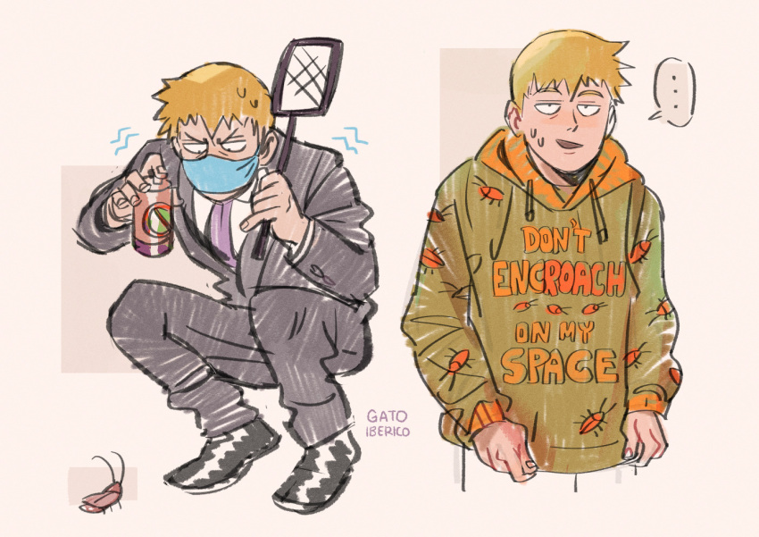 ..., 1boy, alternate_costume, black_footwear, blonde_hair, bug, bug_print, bug_spray