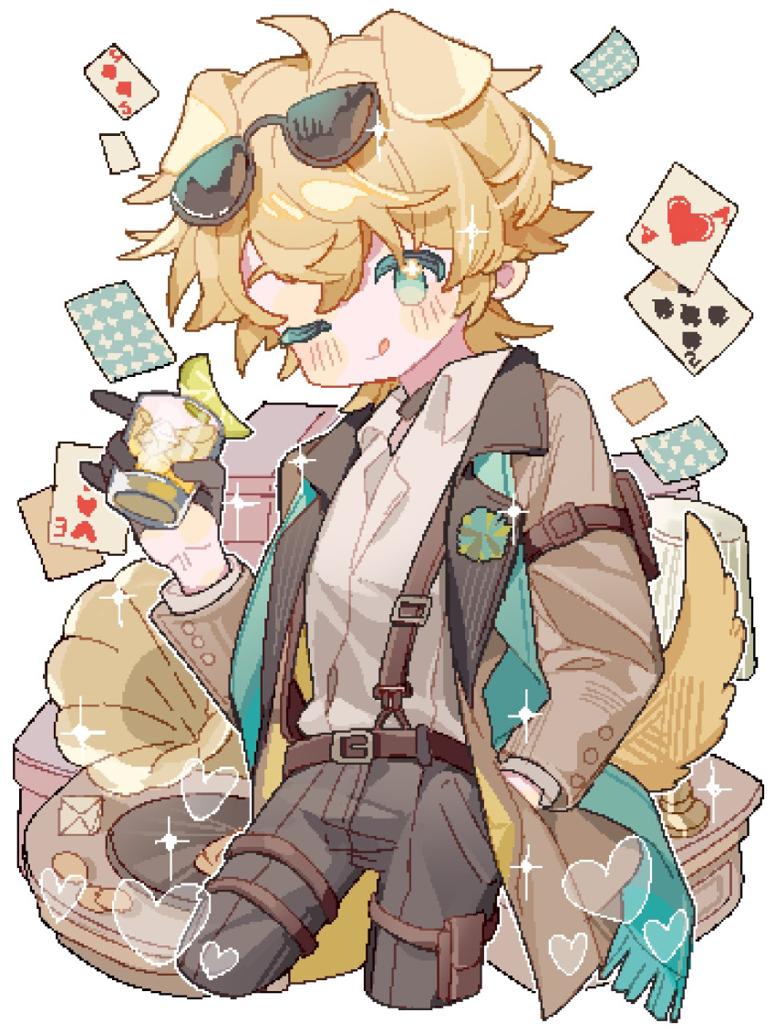 1boy, ;p, ace_of_hearts, alcohol, animal_ears, aqua_eyes, aqua_scarf, arknights