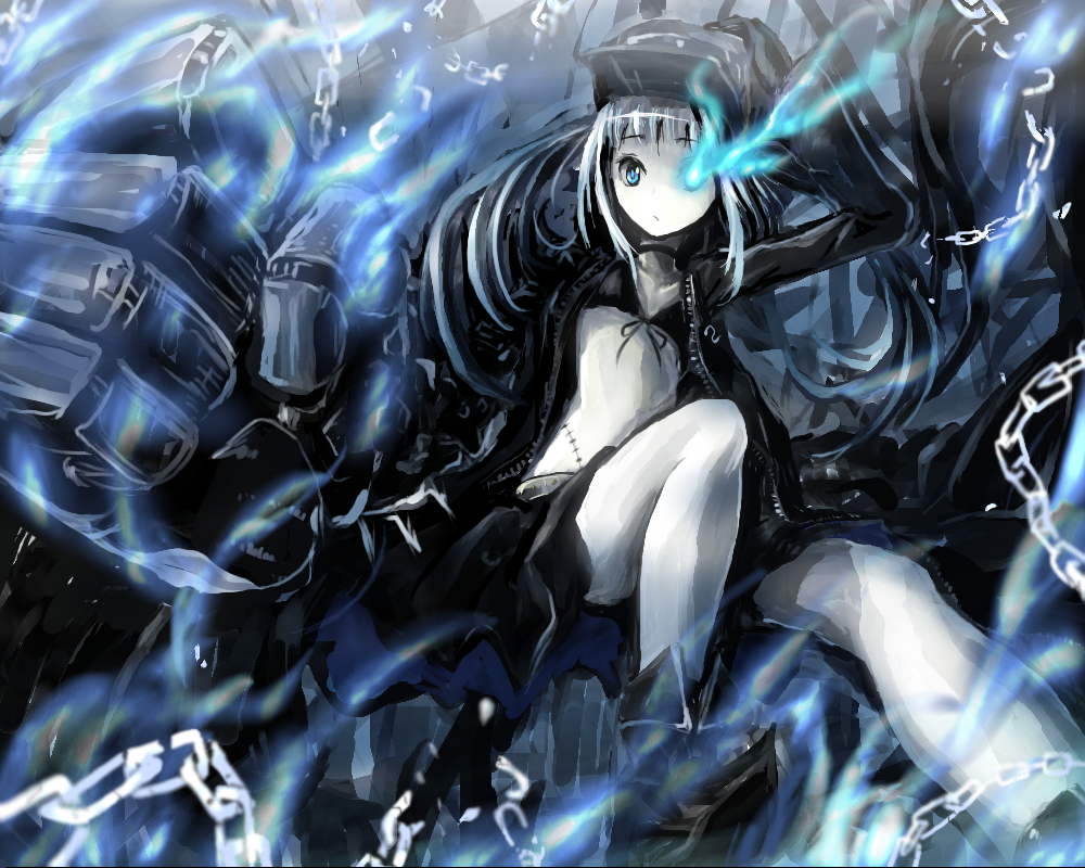 black_rock_shooter, black_rock_shooter_(character), black_rock_shooter_(cosplay), chain, cosplay, glowing, glowing_eyes, kabutoyama