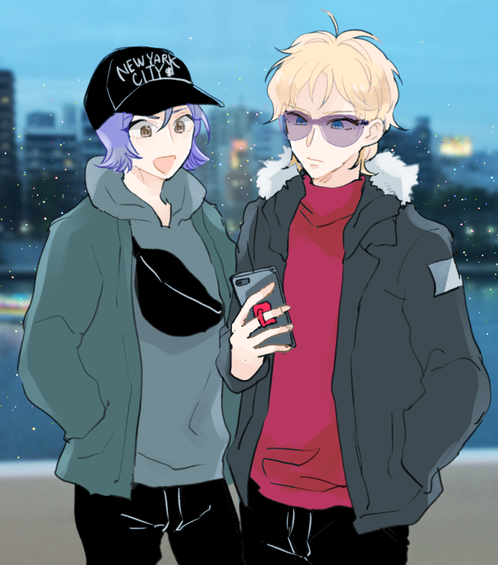2boys, :d, alternate_costume, baseball_cap, black_bag, black_headwear, black_pants, blonde_hair