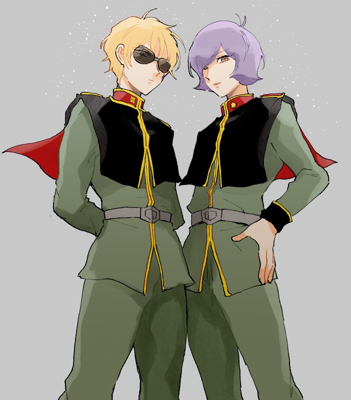 2boys, arms_behind_back, belt, black_cape, blue_eyes, brown_eyes, cape, char_aznable, closed_mouth, garma_zabi, green_jacket, grey_background, grey_belt, gundam, hand_on_own_hip, high_collar, jacket, long_sleeves, looking_at_viewer, male_focus, meiko_(hishi), military_uniform, mobile_suit_gundam_the_origin, multiple_boys, partially_opaque_sunglasses, purple_hair, red_cape, short_hair, simple_background, standing, sunglasses, two-sided_cape, two-sided_fabric, uniform