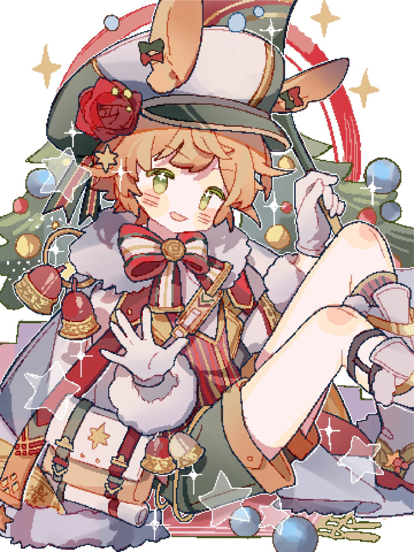 1boy, animal_ears, arknights, bag, bare_legs, bell, blush, cabbie_hat